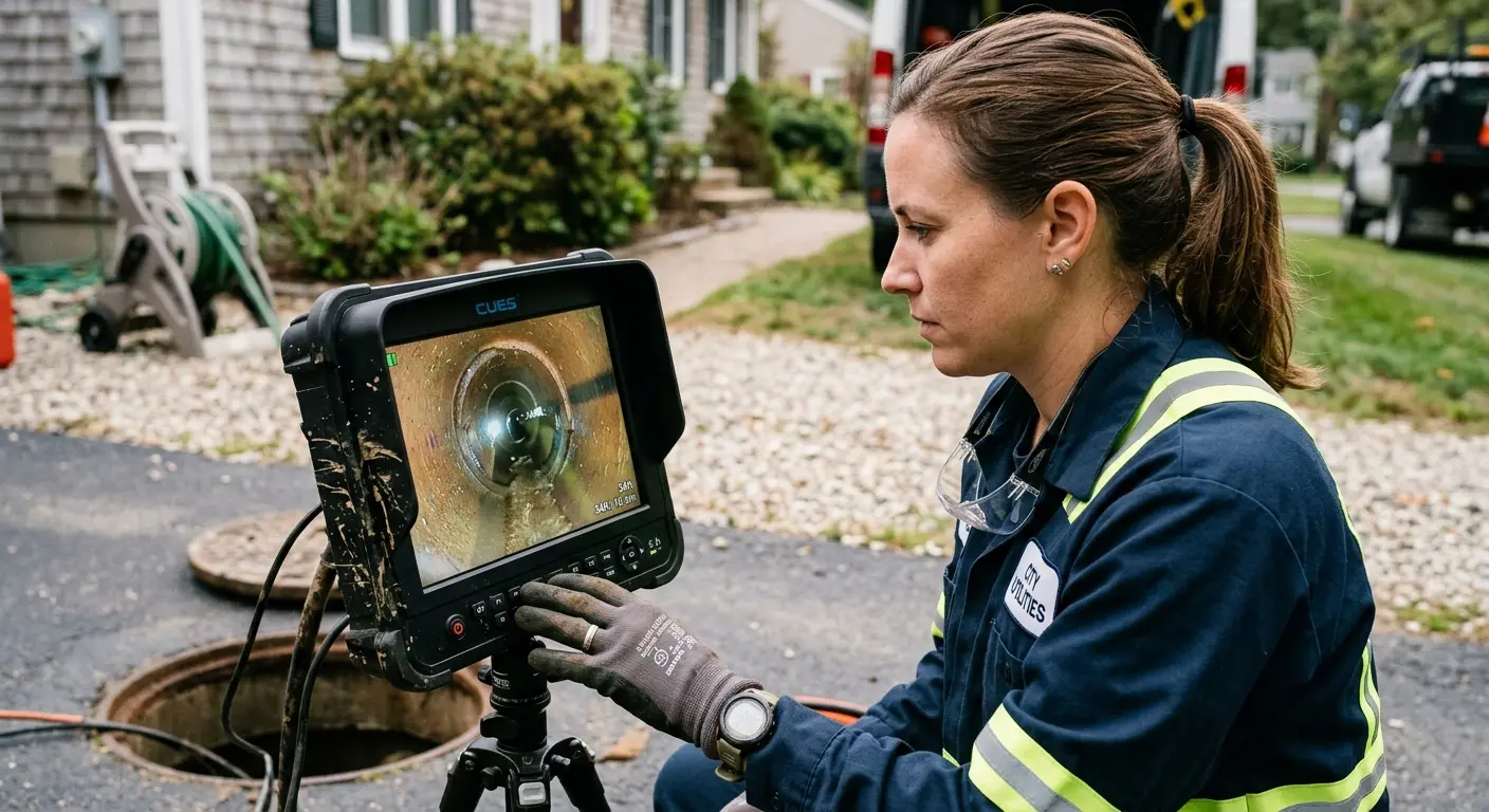 Technician reviewing sewer camera inspection footage in Austin