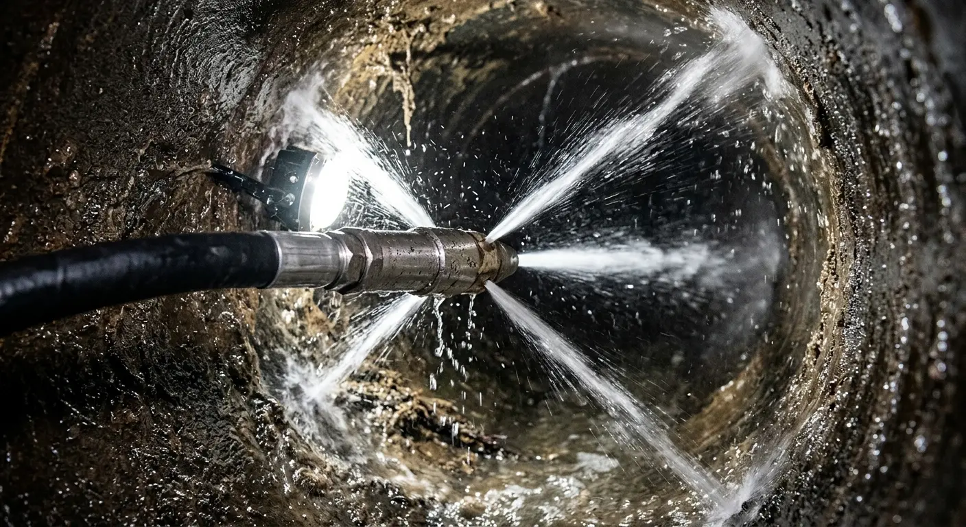 High-pressure hydro jetting nozzle cleaning sewer pipe for Sewer Cleanout in Austin