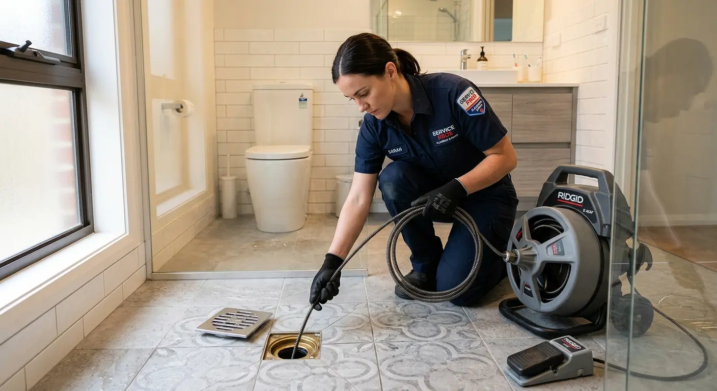 Technician clearing a bathroom floor drain for Sewer Line Installation in Austin